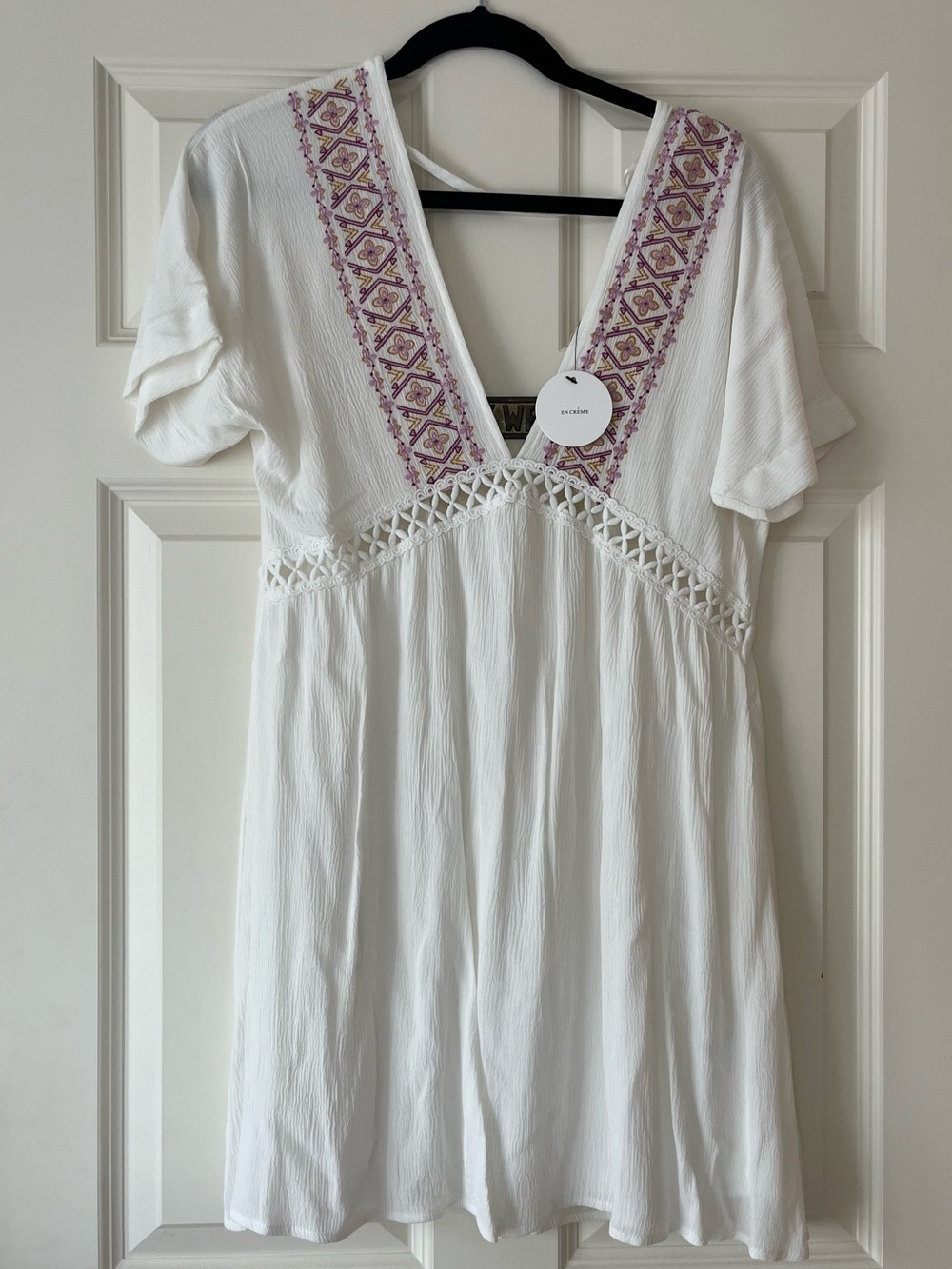 White Mini Dress with Pink and Gold Embroidery